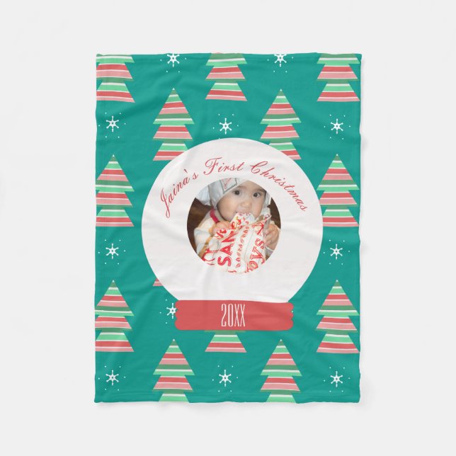 Baby's First Christmas Snowglobe Snowflakes Tree Fleece Blanket (Front)