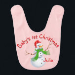 Baby's First Christmas Snowman Baby Girl Bib<br><div class="desc">Snowman Christmas Holiday design with name</div>