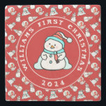 Baby's First Christmas Snowman Pattern Red Name Stone Coaster<br><div class="desc">This baby's first christmas marble coaster features a snowman in the middle,  with a snowman pattern around the edge. A practical keepsake for your children to keep for years to come. To change the text click on the personalise button. This design contains A.I.</div>
