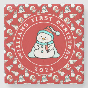 Baby's First Christmas Snowman Pattern Red Name Stone Coaster