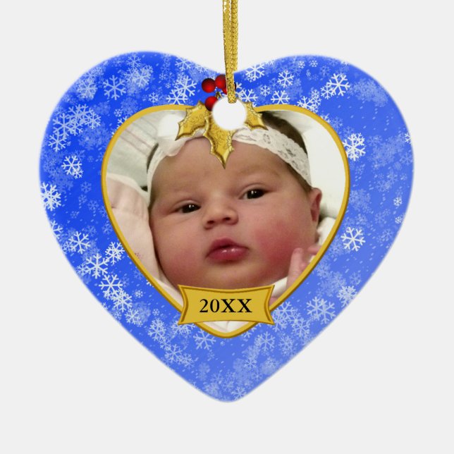 Baby's First Christmas Snowy Gold and Blue Photo Ceramic Tree Decoration (Front)