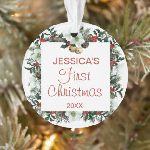 Baby's First Christmas Square Pretty Wreath Photo Ornament