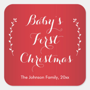 Baby's First Christmas Square Red Stickers