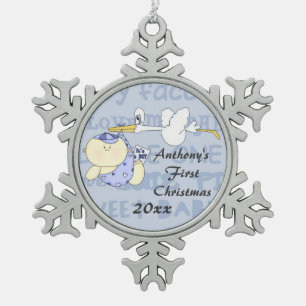 Baby's First Christmas/Stork-Customise Name/Year Snowflake Pewter Christmas Ornament