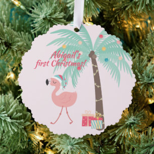Baby's First Christmas  -  Sweet Santa Flamingo Tree Decoration Card