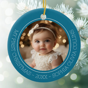Baby's First Christmas Teal Modern 2 Photo Newborn Ceramic Tree Decoration
