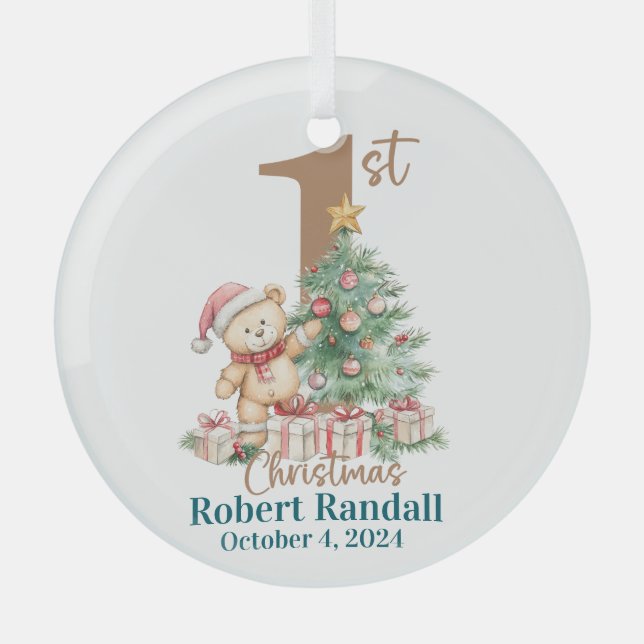 Baby's First Christmas teddy Bear Glass Tree Decoration (Front)