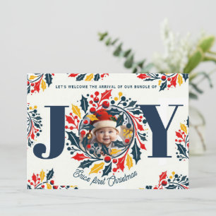 Baby's First Christmas Tricolor JOY wreath 2 Holiday Card