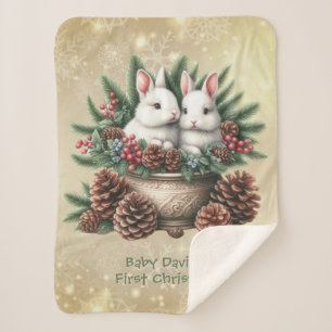 Baby's First Christmas Two Bunnies In A Bowl Sherpa Blanket