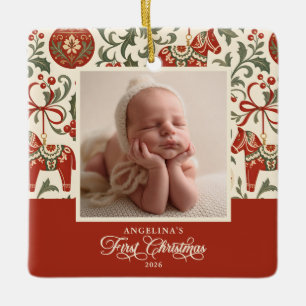 Baby's First Christmas Vintage Dala Horses 2-Photo Ceramic Ornament