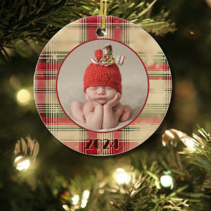 Baby's First Christmas Vintage Worn Plaid Photo Ceramic Tree Decoration
