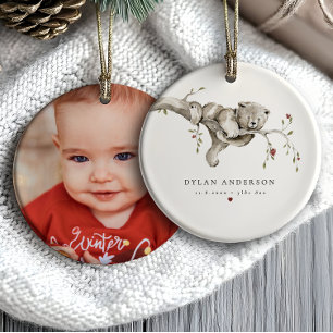 Baby's First Christmas Watercolor Baby Bear Photo Ceramic Tree Decoration