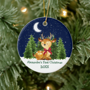 Baby's First Christmas Watercolor Deer Red Bow Ceramic Tree Decoration