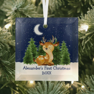 Baby's First Christmas Watercolor Deer Sky Forest Glass Tree Decoration