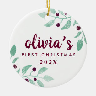 Baby's First Christmas Watercolor Floral Photo Ceramic Tree Decoration