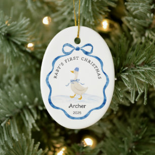 Baby's First Christmas Watercolor Ribbon Goose Ceramic Tree Decoration