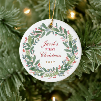 Baby's First Christmas Watercolor Wreath Ceramic Tree Decoration