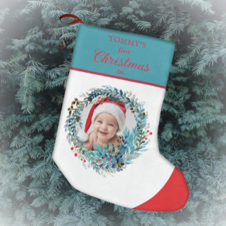 Baby's First Christmas Watercolor Wreath Small Christmas Stocking