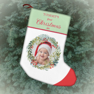 Baby's First Christmas Watercolor Wreath Small Christmas Stocking