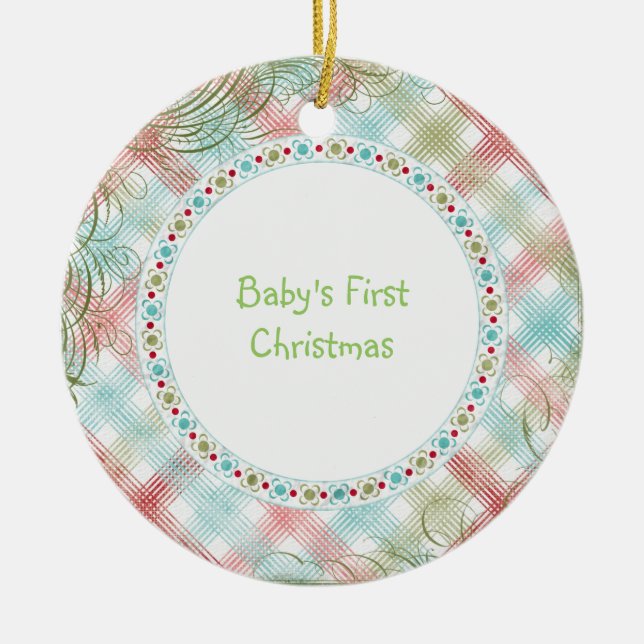 Babys First Christmas Whimsical Plaid Personalised Ceramic Tree Decoration (Front)