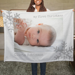 Baby's First Christmas White Photo Snowflake Fleece Blanket