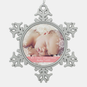 Baby's First Christmas White Silver Glitter Pink Snowflake Pewter Christmas Ornament