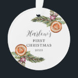 Baby's First Christmas Winter Botanicals Ornament<br><div class="desc">Rustic Christmas ornament for a newborn baby featuring watercolor illustration of winter botanicals including,  mistletoe,  pine tree branch,  orange.</div>
