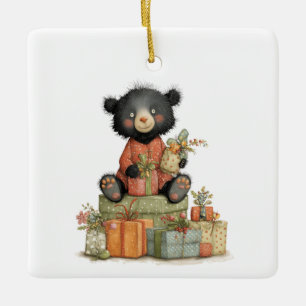 Baby's First Christmas with Cute Bear and Presents Ceramic Ornament
