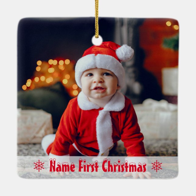 Baby's First Christmas with Family Baby Photo Ceramic Ornament (Back)