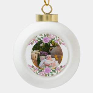 Baby's first christmas with flower frame ceramic ball christmas ornament