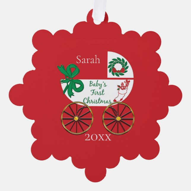 Baby's First Christmas with name and date Tree Decoration Card (Front)