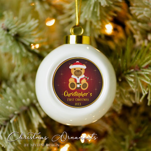 Babys First Christmas with Teddy and sparkle Stars Ceramic Ball Christmas Ornament (Creator Uploaded)