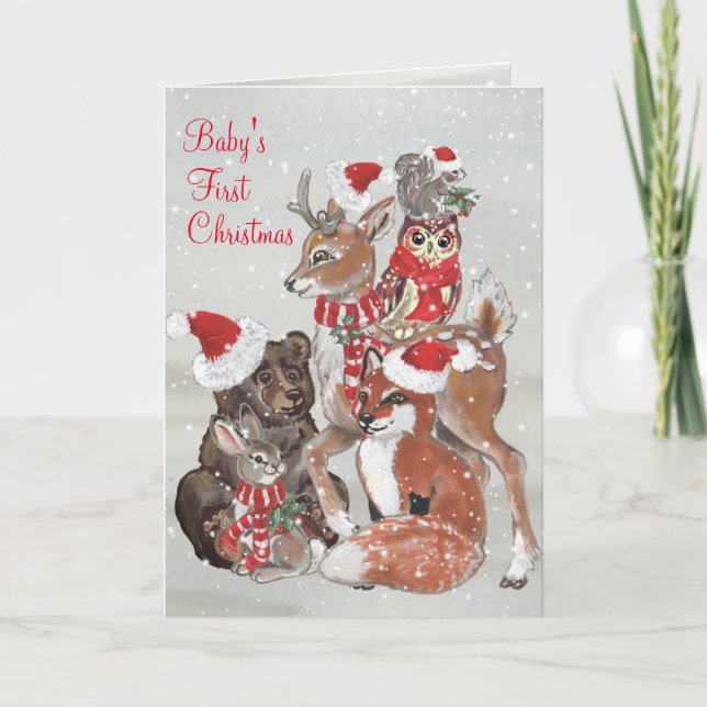 Baby's First Christmas Woodland Animal Snow Custom Holiday Card (Front)
