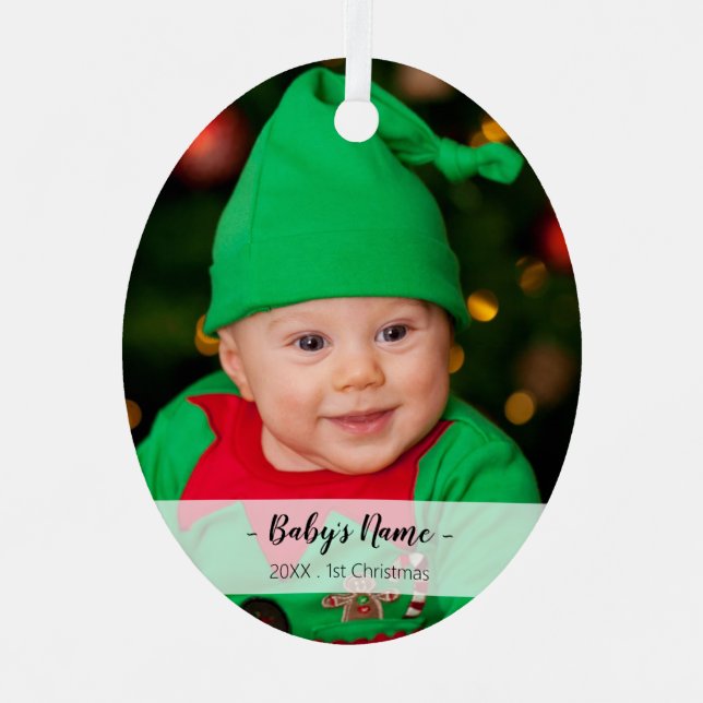 Baby's First Christmas Year Photo Script Name Oval Metal Tree Decoration (Front)