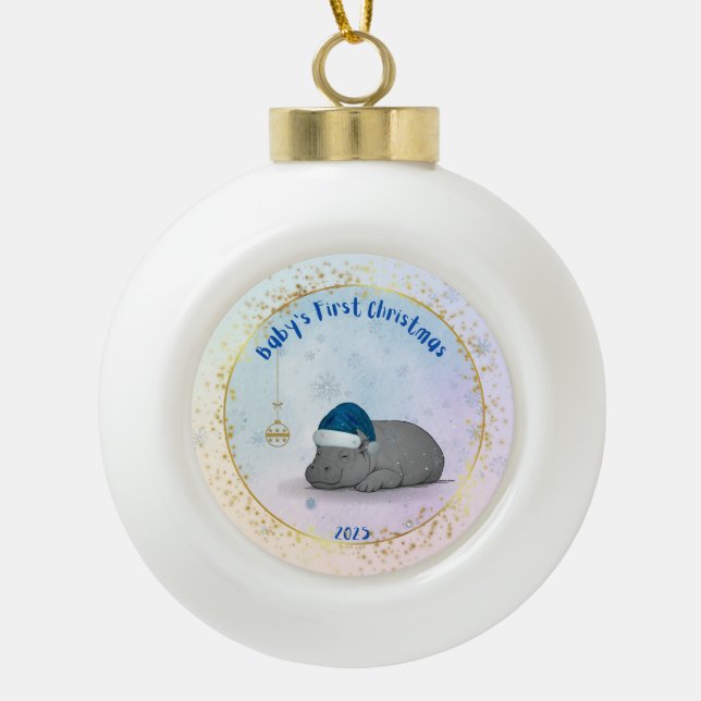Baby's First ChristmPygmy Hippo Christmas Ornament (Front)