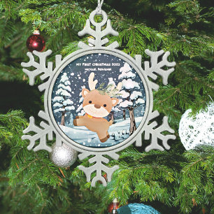 Baby's First Cute Deer Personalised Snowflake Pewter Christmas Ornament