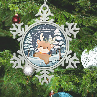 Baby's First Cute Deer Personalised Snowflake Pewter Christmas Ornament