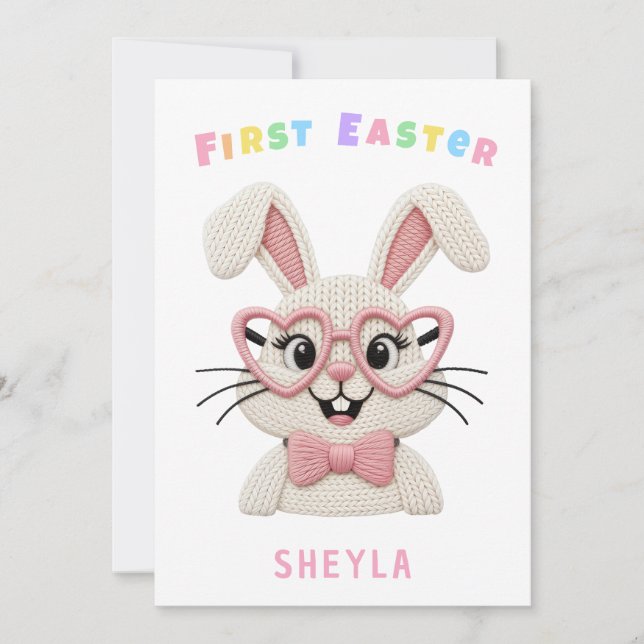 Baby's First Easter Bunny Heart Glasses Holiday Card (Front)