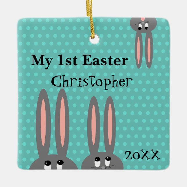 Babys First Easter Bunny Personalised Teal Blue Ceramic Ornament (Front)