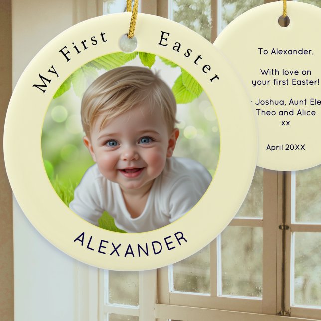 Baby's First Easter Elegant Photo Keepsake Yellow Ceramic Tree Decoration (A decorative ornament for baby's first Easter, with custom photo, name, and a message on the back)