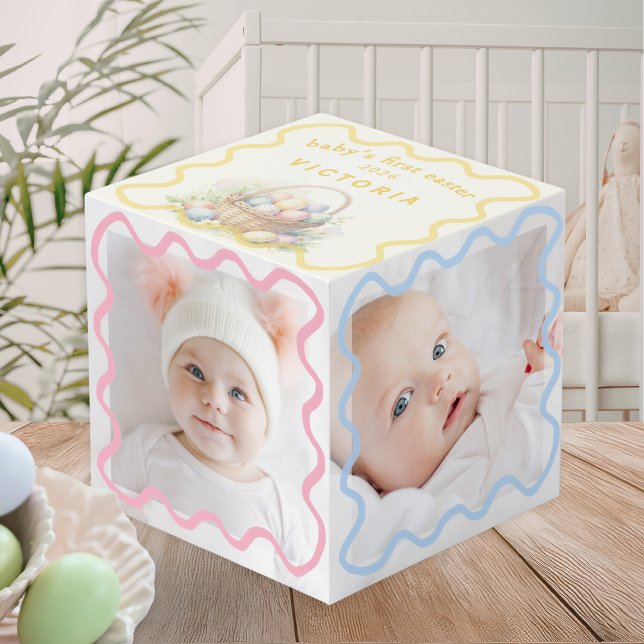 Baby's First Easter Pastel Custom Photo Keepsake Cube (A personalized 'Baby's First Easter' cube with four custom photos and wavy pastel borders)