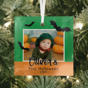 Baby's First Halloween Black Bats Photo  Glass Tree Decoration