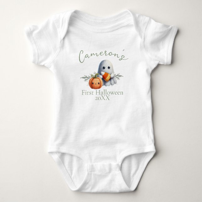 Baby's First Halloween Custom Name Ghost Baby Bodysuit (Front)