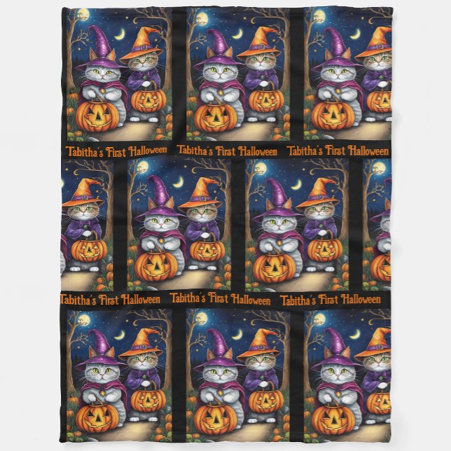 Baby's First Halloween Cute Witch Cat Add Name Fleece Blanket (Creator Uploaded)