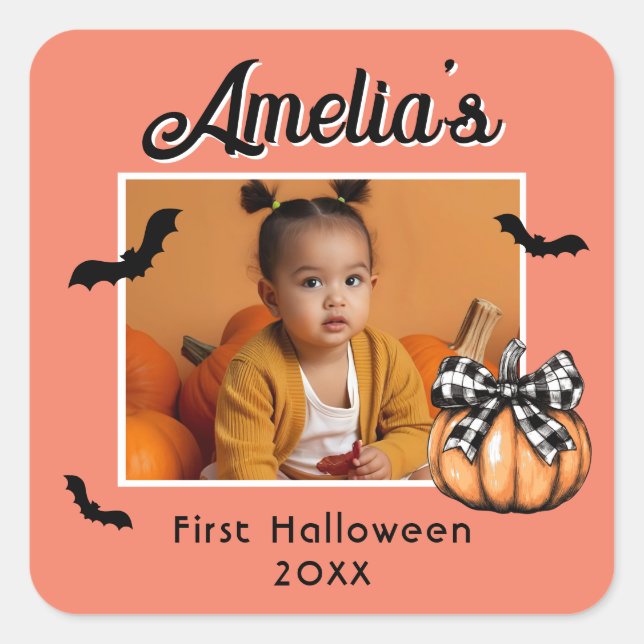 Baby's First Halloween Pumpkin Bats Photo Square Sticker (Front)