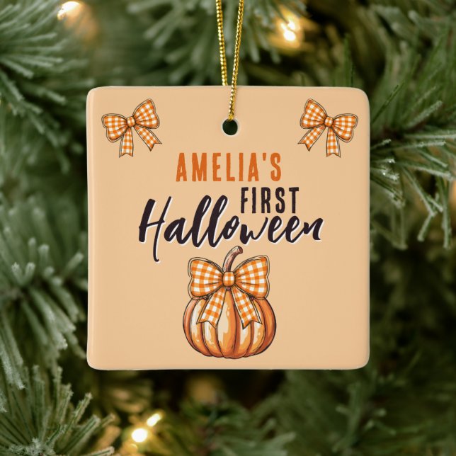 Baby's First Halloween Pumpkin Bow  Ceramic Ornament (Tree)
