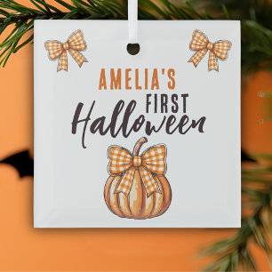 Baby's First Halloween Pumpkin Bow  Glass Tree Decoration