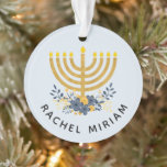 Baby's First Hanukkah | Dated Keepsake Blue & Gold Ornament<br><div class="desc">This keepsake design features baby's name and a watercolor menorah with a flower bouquet on the front side and the year and "First Hanukkah" on the reverse side. If you prefer a different background colour,  choose the customise option. #Hanukkah #Ornaments</div>