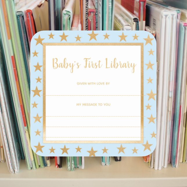Baby's First Library bookplate, blue gold stars Square Sticker (Creator Uploaded)