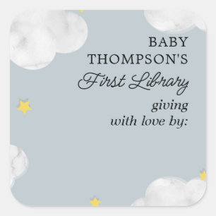 Baby's First Library Bookplate Blue Grey Clouds Square Sticker